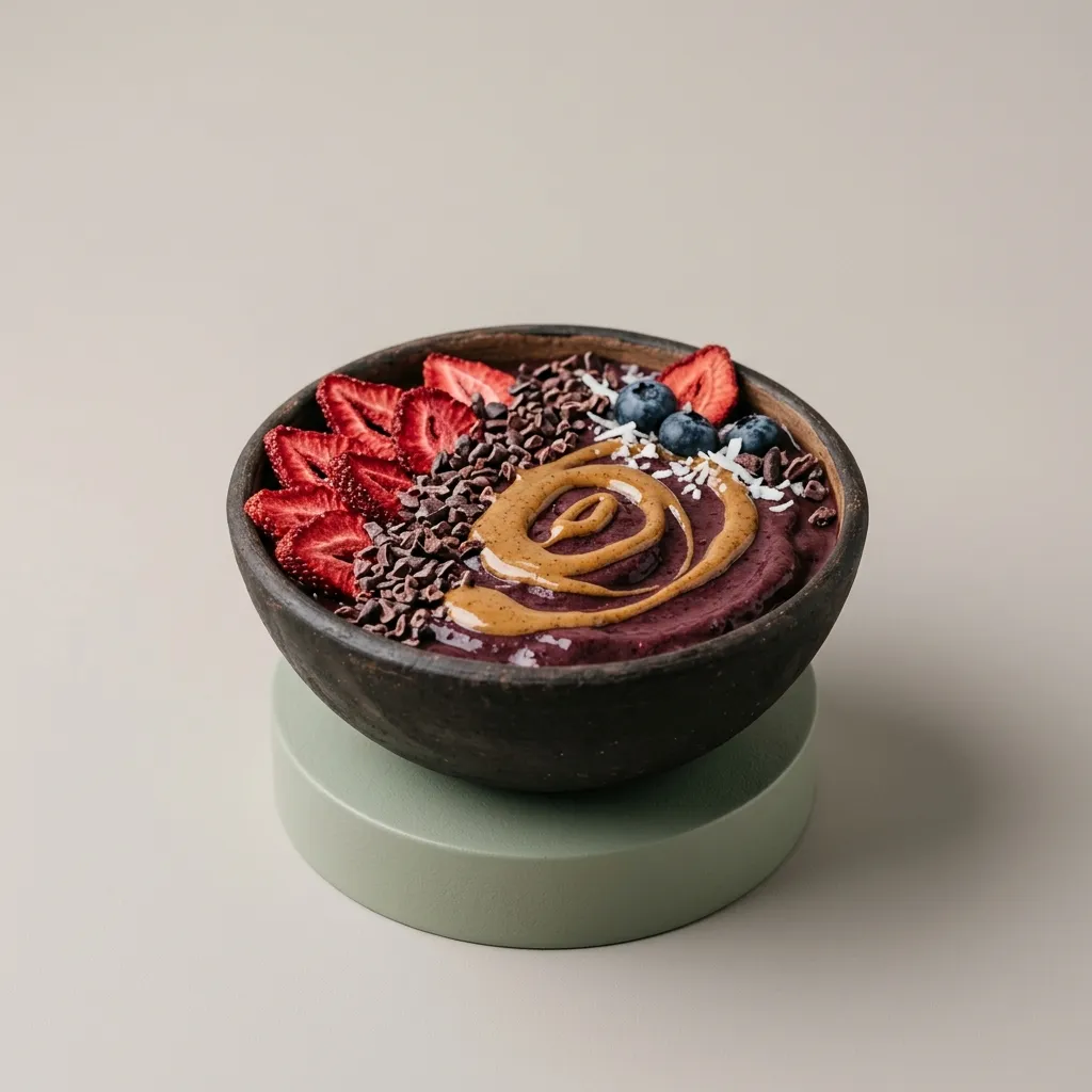 Bowl de açaí con fresas, cacao y crema de maní